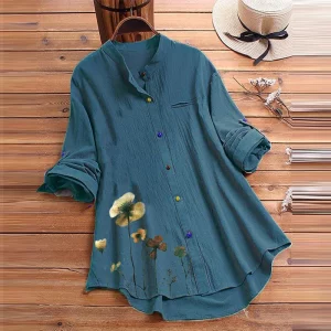 Cotton Linen Shirt Blouse for Women 2022 Spring Summer Floral Print Colorful Buttons Long Sleeve Large Size Tops Vintage Clothes