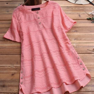 Women Lace Shirts Fashion 2022 Embroidery Tops Buttons Short Sleeve Shirts Female Asymmetrical Blusa Hollow Out Lace Tops